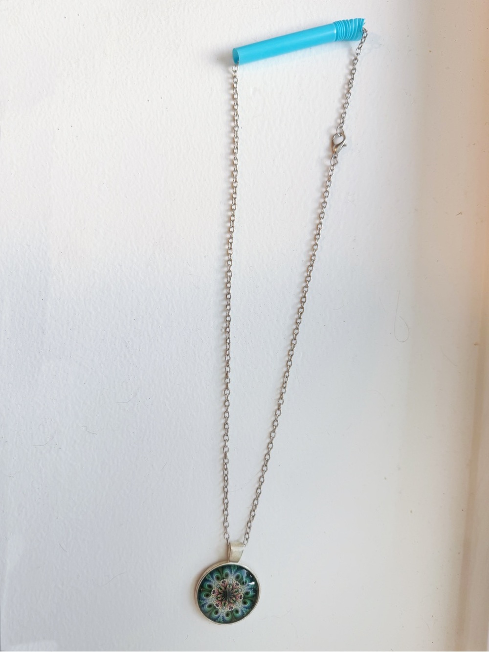 Silver-Tone Green Peacock Mandala Cabochon Pendant Necklace